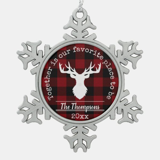 Rendieren Rood en Zwarte Buffel Plaid Tin Sneeuwvlok Ornament (Voorkant)