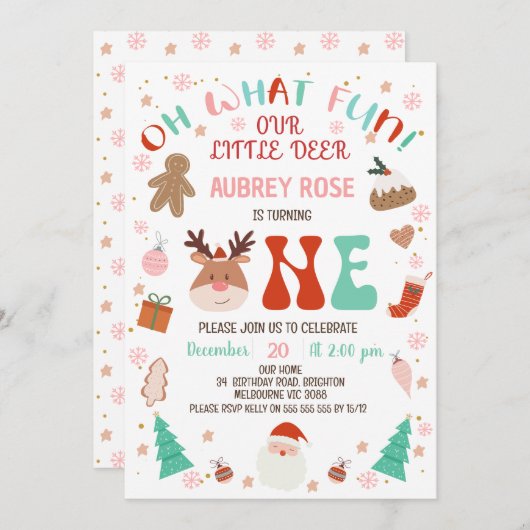 Rendieren Rood Oh Wat Leuk Kerstfeest 1e Verjaarda Kaart (Voorkant / Achterkant)