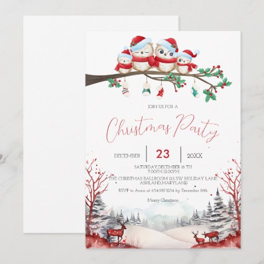Rendieren, Sneeuwberg, Uil Kerstfeest Save The Date (Voorkant / Achterkant)