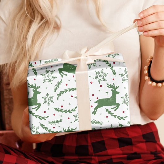 Rendieren & Sneeuwvlok Yule Kerst Groen Cadeaupapier