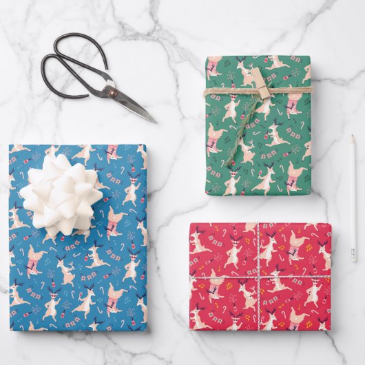Rendierfeest - Groen Blauw Rood Kerstmis Inpakpapier Vel (Voorkant)