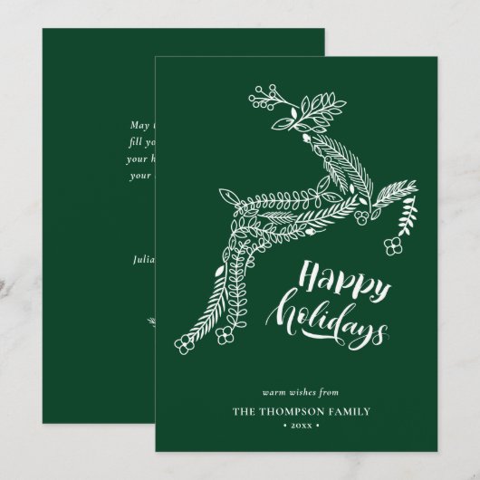 RendierFloral Poinsettia Pine Bough Green Happy Feestdagenkaart (Voorkant / Achterkant)
