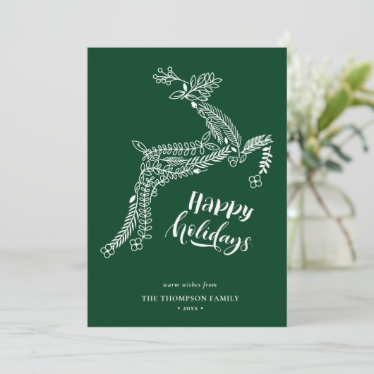 RendierFloral Poinsettia Pine Bough Green Happy Feestdagenkaart (Staand voorkant)