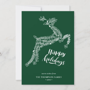 RendierFloral Poinsettia Pine Bough Green Happy Feestdagenkaart