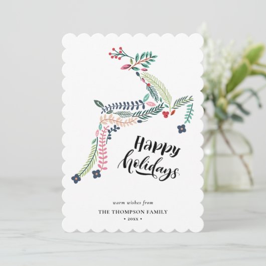 RendierFloral | Poinsettia Pine Bough Happy Feestdagenkaart (Staand voorkant)