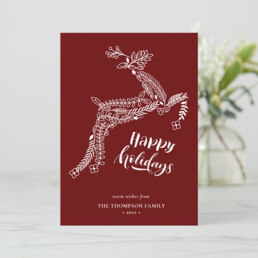 RendierFloral | Poinsettia Pine Bough Red Happy Feestdagenkaart (Staand voorkant)