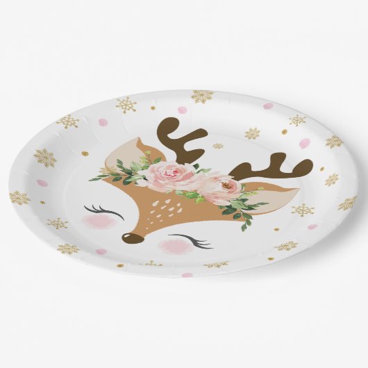 RendierFloral Snowflakes Kerstmis Papieren Bordje (Gekanteld)