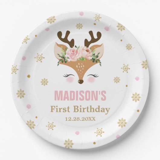 RendierFloral Snowflakes Kerstmis Papieren Bordje (Voorkant)