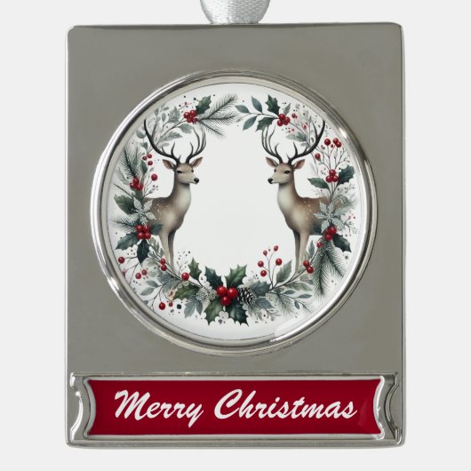Rendierkrans – Elegante Kerstversiering Verzilverd Banner Ornament (Voorkant)