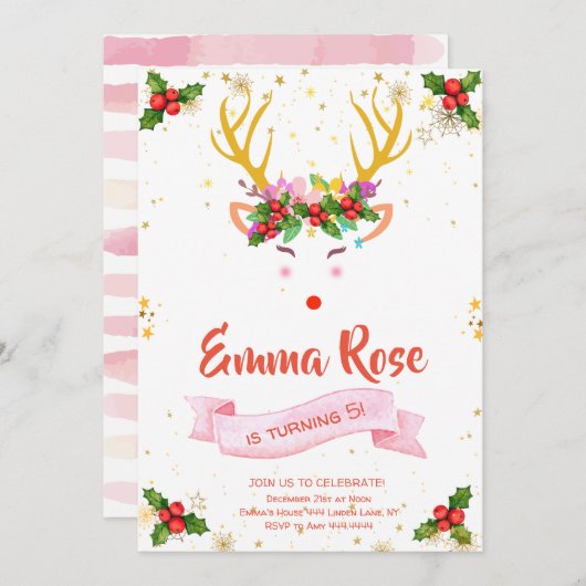 Rendiermeisje Kerstmis Verjaardag Kaart (Voorkant / Achterkant)