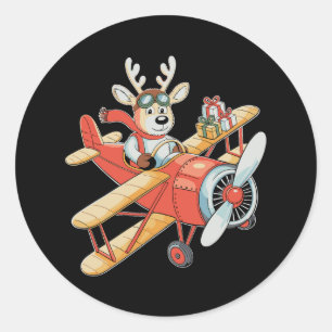 Rendierpiloot Kerstmis Aviator Vliegend Vliegtuig  Ronde Sticker