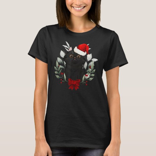 rendierSanta Hat Black Cat kerstlampjes T-shirt (Voorkant)