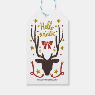 Rendiertje met gouden kersthand getekend cadeaulabel