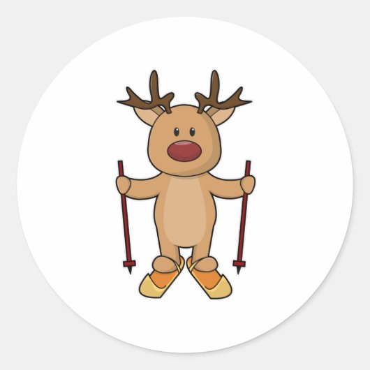 rendiertje met skis- en skipolen ronde sticker (Voorkant)