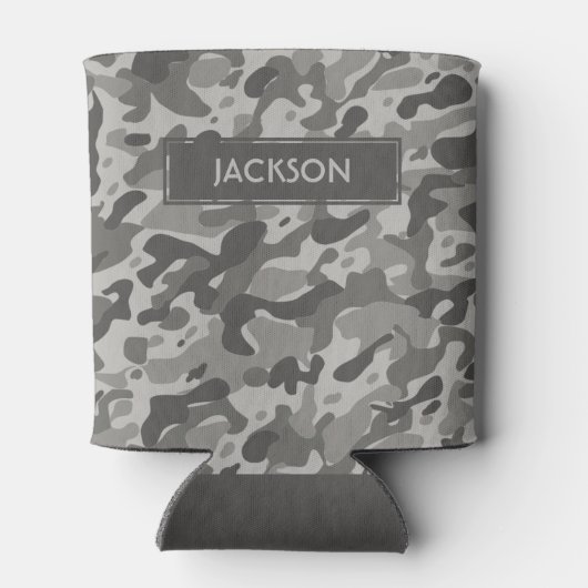 Rendy grijze camouflage patroon met naam blikjeskoeler (Achterkant)