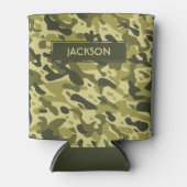 Rendy groen camouflage patroon met naam blikjeskoeler (Voorkant)
