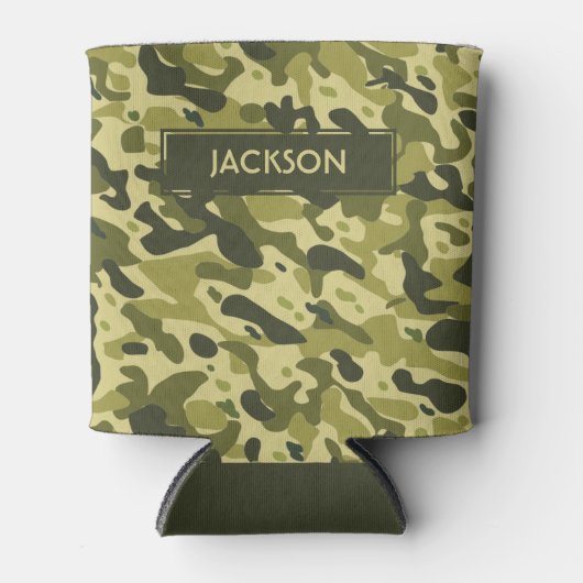 Rendy groen camouflage patroon met naam blikjeskoeler (Voorkant)