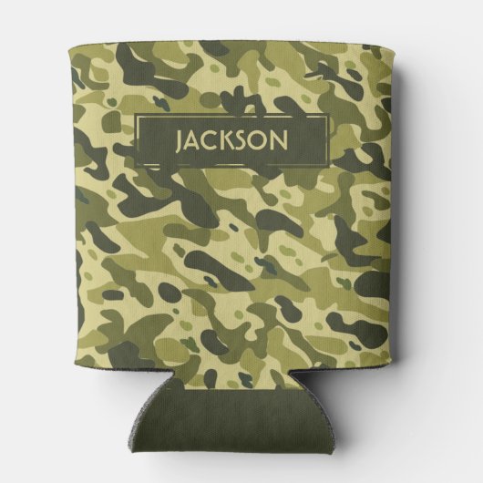 Rendy groen camouflage patroon met naam blikjeskoeler (Achterkant)