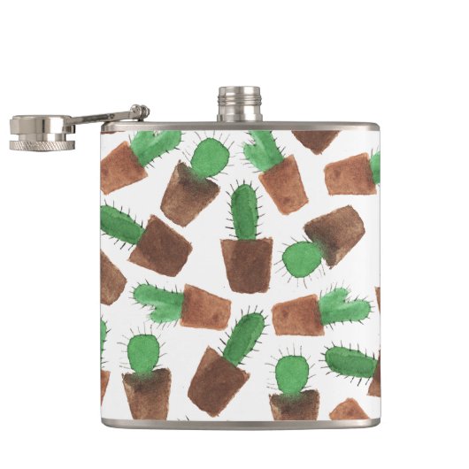 Rendy groene bruine waterverf cactus patroon heupfles (Geopend)