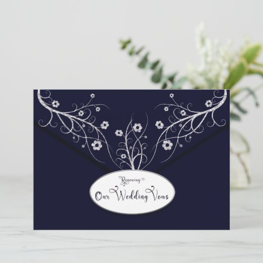 Reneing Wedding Vows Invitation Navy Floral Kaart (Staand voorkant)