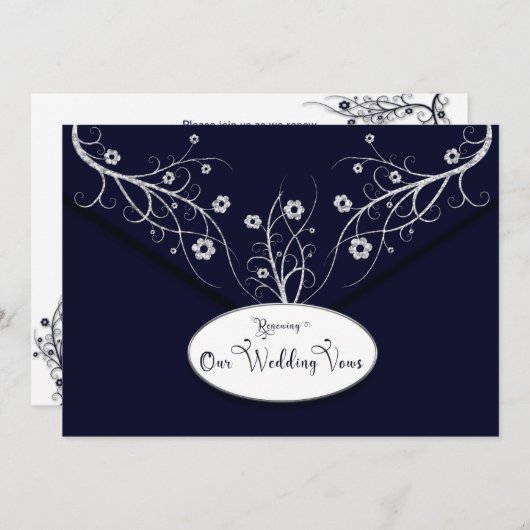 Reneing Wedding Vows Invitation Navy Floral Kaart (Voorkant / Achterkant)