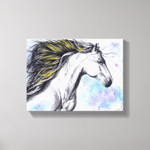 Rennend Paard Waterverf en Inkt Paardkunst Canvas Afdruk