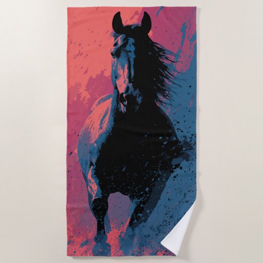 Rennend zwart paard strandlaken (Voorkant)