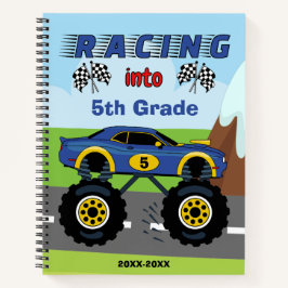 Rennende monstertruck voor terug naar school, voeg notitieboek