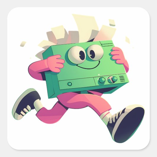 Rennende Printer met Vliegende Papieren – Tech Hum Vierkante Sticker (Voorkant)