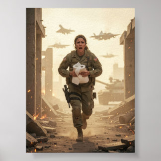 Renner door puin en poster met vastberadenheid
