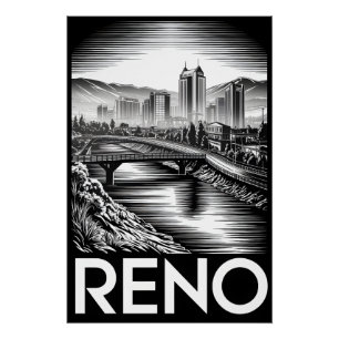 Reno Nevada Silhouette Zwart Wit Houtsnede Perfect Poster