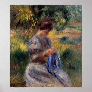 Renoir - de borduurman (vrouw in een tuin) poster