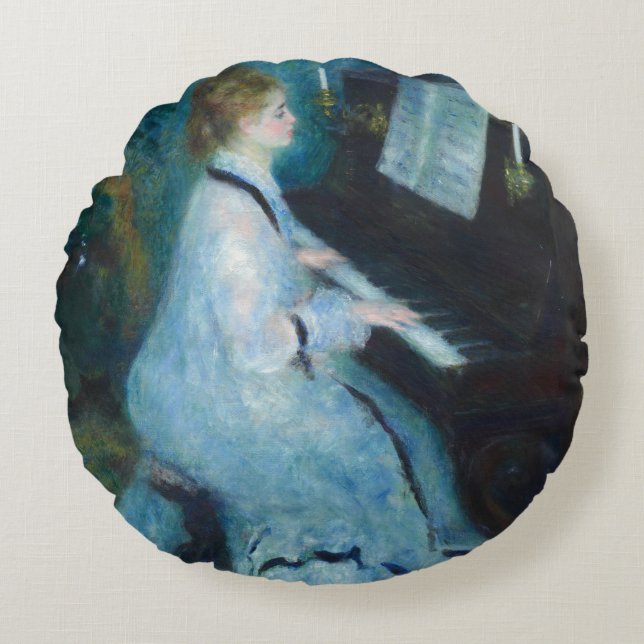 Renoir Vrouw aan de Piano Vintage Impressionist Rond Kussen (Voorkant)
