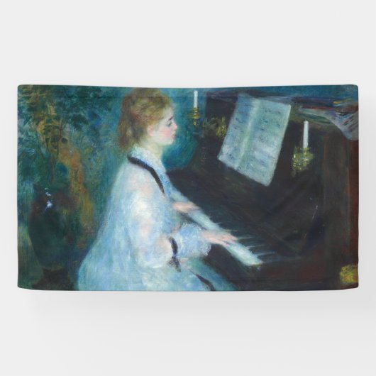 Renoir Vrouw aan de Piano Vintage Impressionist Spandoek (Horizontaal)