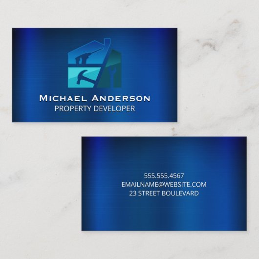 Renovaties | Repareer handgereedschap | Blauw Meta Visitekaartje (Voorkant / Achterkant)