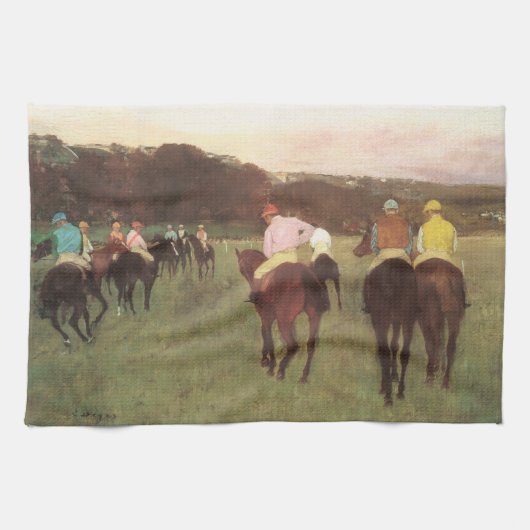 Renpaarden bij Longchamp door Edgar Degas Theedoek (Horizontaal)