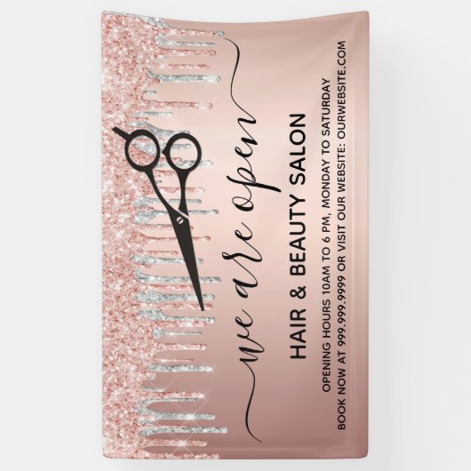 Reopenend haar schoonheid salon roos goud glitter  spandoek (Verticaal)