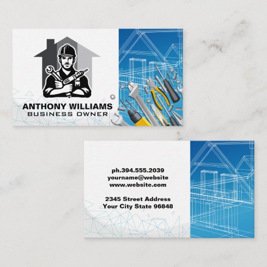Reparateur | Timmermanswerktuigen | Bouwtekeningen Visitekaartje (Voorkant / Achterkant)