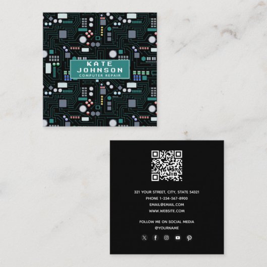 Reparatie Computer Printplaat QR Code Vierkante Visitekaartje (Voorkant / Achterkant)