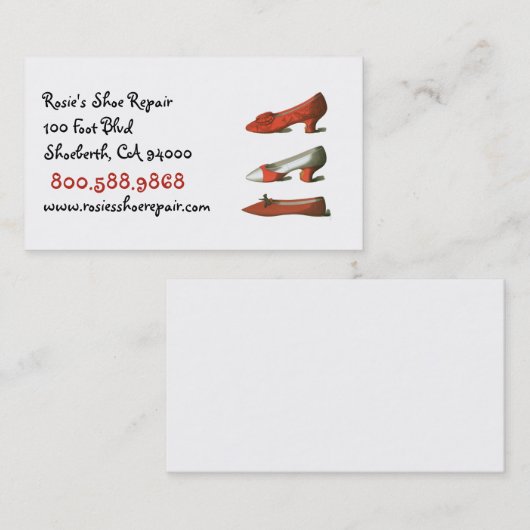 Reparatie van  damesschoenen visitekaartje (Voorkant / Achterkant)