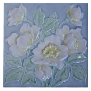 Repareer Duitse Majolica Blue White Floral Art Tegeltje