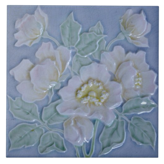 Repareer Duitse Majolica Blue White Floral Art Tegeltje (Voorkant)