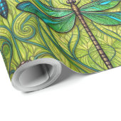Repeating dragonfly pattern on green  cadeaupapier (Rol Hoek)