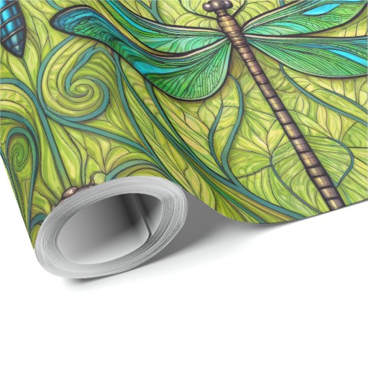 Repeating dragonfly pattern on green  cadeaupapier (Rol Hoek)