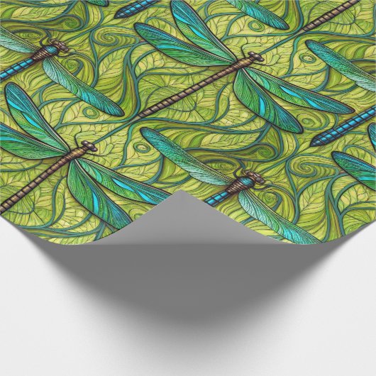 Repeating dragonfly pattern on green  cadeaupapier (Hoek)