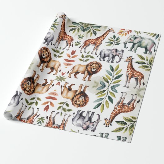 Repeating pattern of lions, giraffes, and elephant cadeaupapier (Uitgerold)