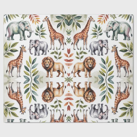 Repeating pattern of lions, giraffes, and elephant cadeaupapier (Vlak)