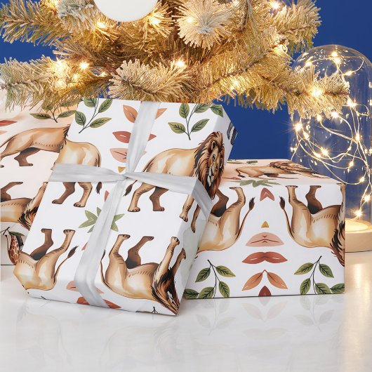 Repeating pattern of lions, giraffes, and elephant cadeaupapier