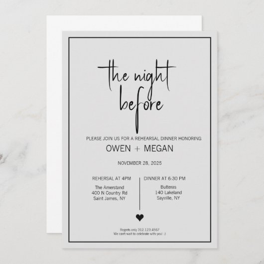 Repetitie diner, avond ervoor kaart (Voorkant / Achterkant)