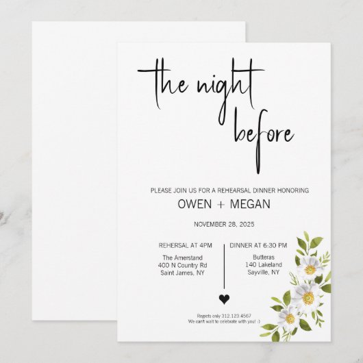 Repetitie diner, avond ervoor kaart (Voorkant / Achterkant)